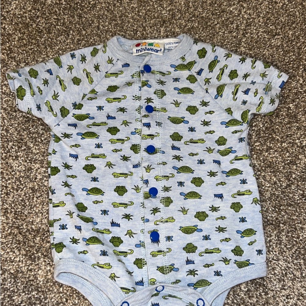 Vintage Gray Onesie with Blue and Green Turtle Print